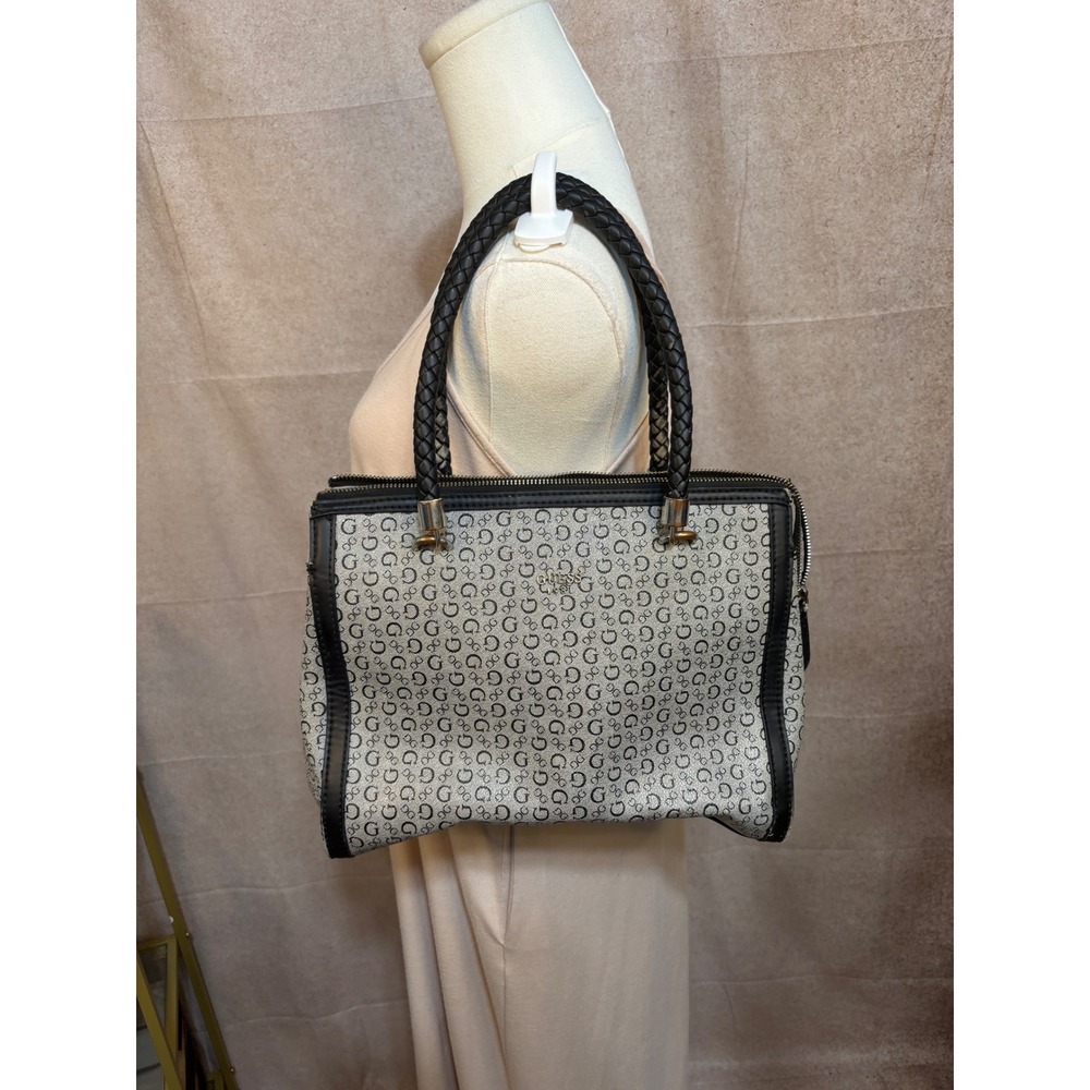 Guess Monogram Satchel Bag Grey Black Logo Print Braided Handle Purse